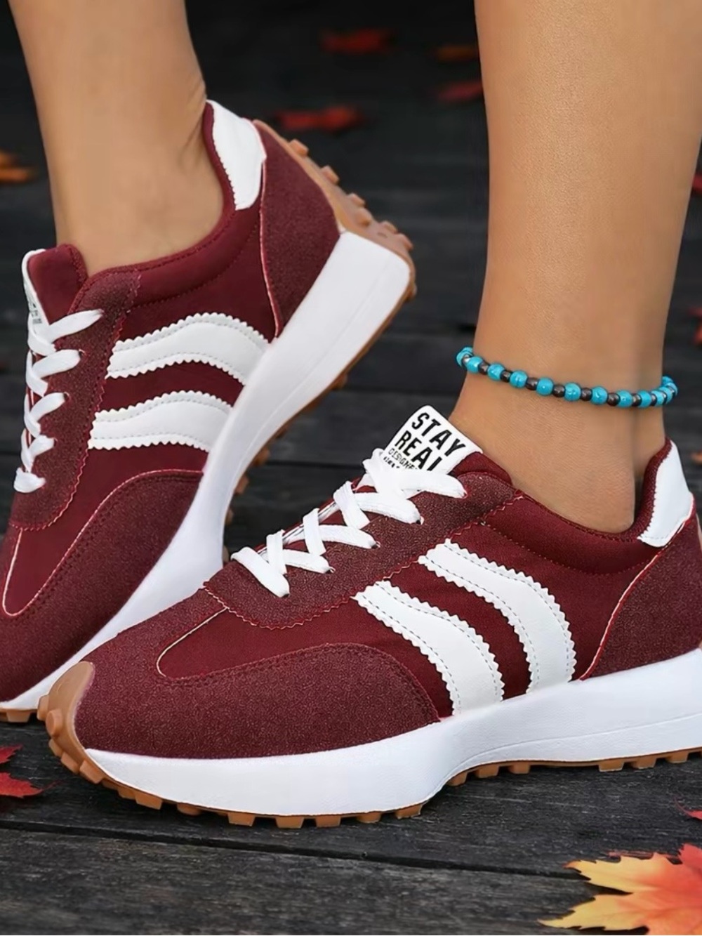 Women's Maroon Lace-Up Sneakers with White Stripes - Picture 2 of 5